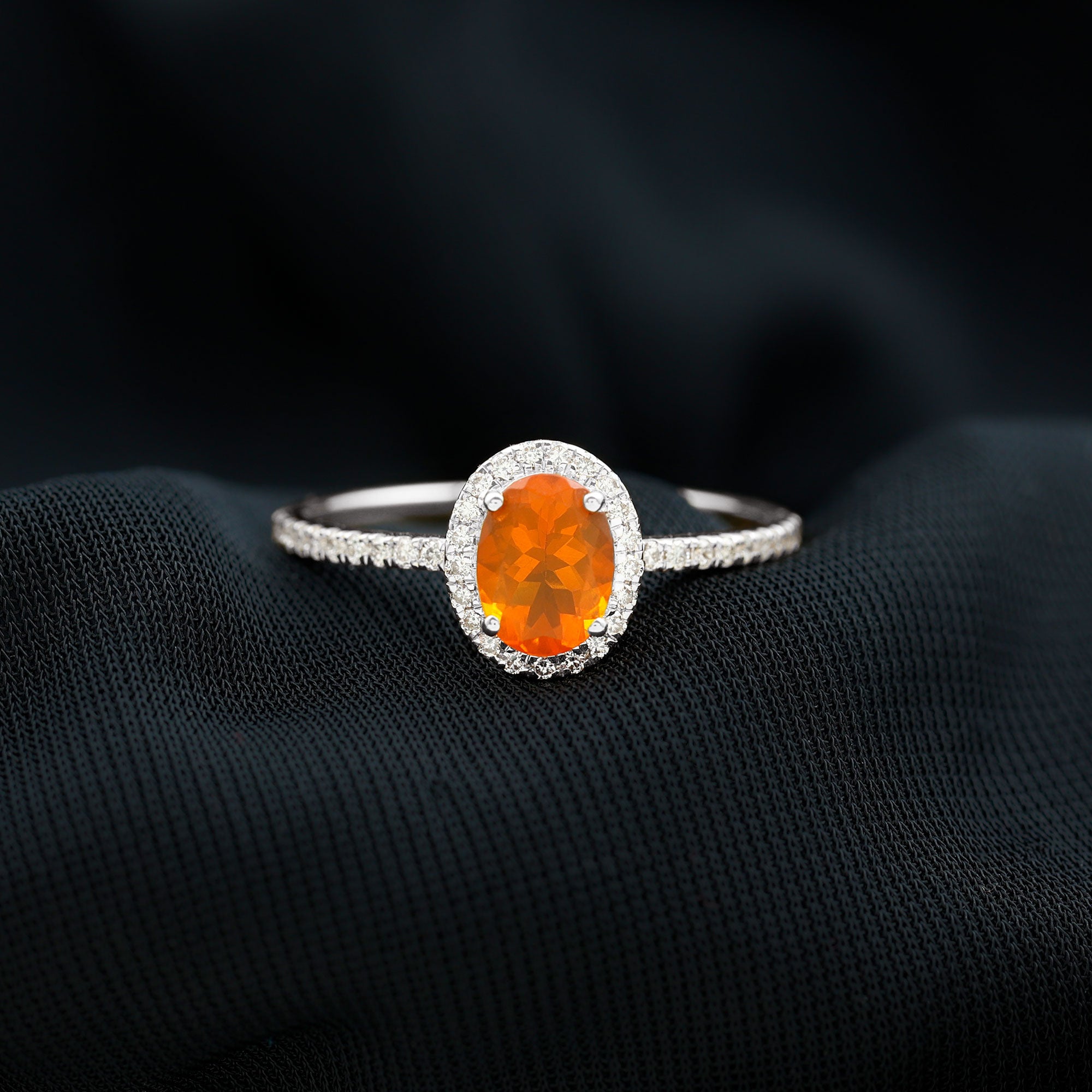 1.50 CT Oval Fire Opal Engagement Ring with Diamond Halo and Side Stones Fire Opal - ( AAA ) - Quality - Rosec Jewels