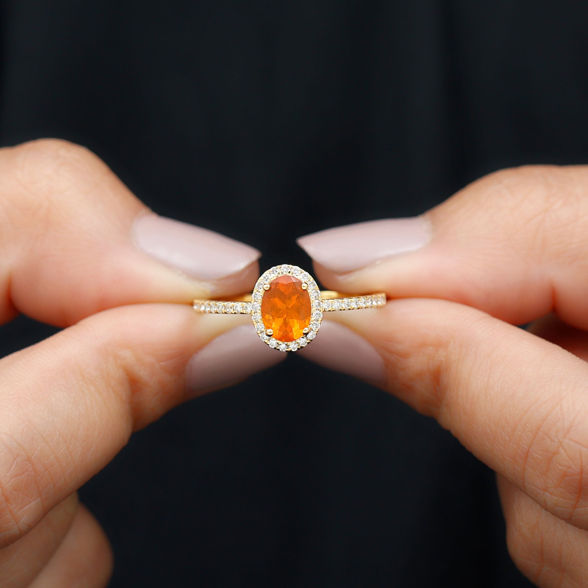 1.50 CT Oval Fire Opal Engagement Ring with Diamond Halo and Side Stones Fire Opal - ( AAA ) - Quality - Rosec Jewels