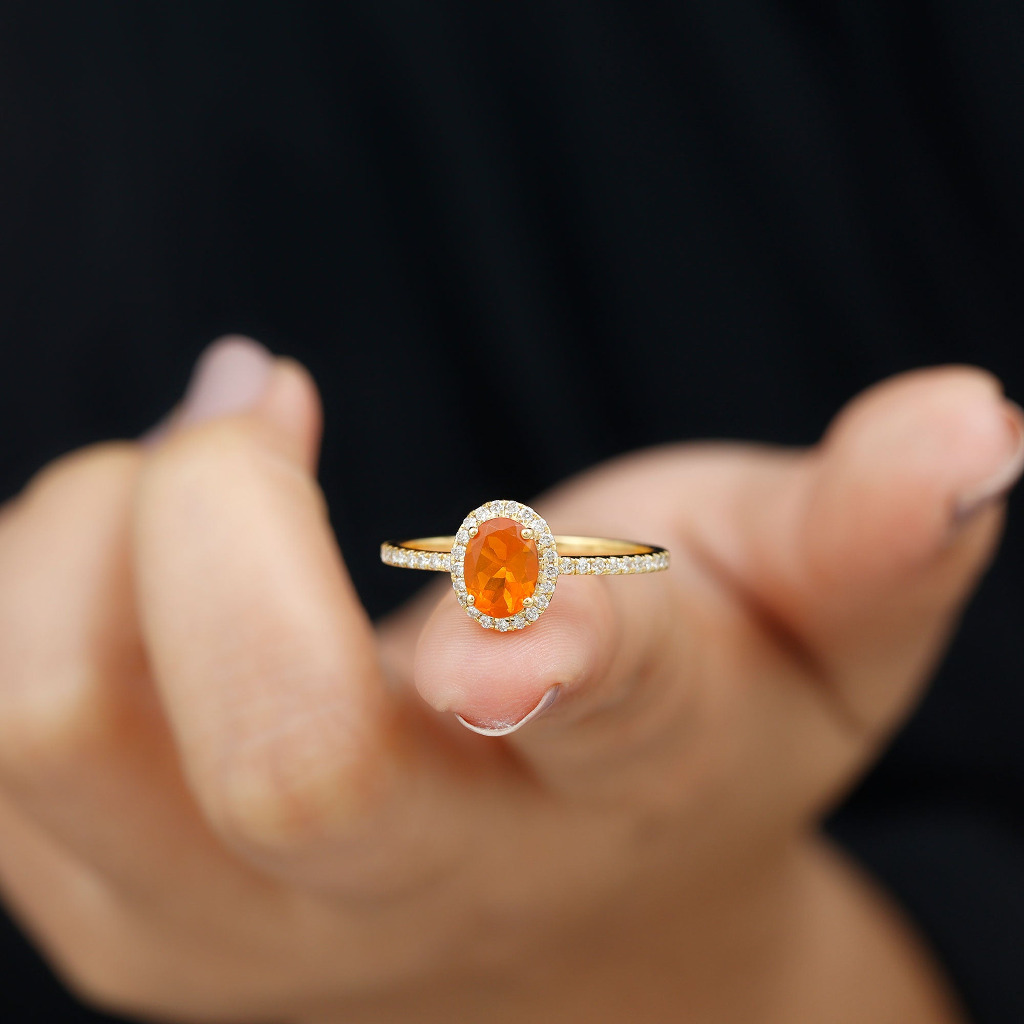 1.50 CT Oval Fire Opal Engagement Ring with Diamond Halo and Side Stones Fire Opal - ( AAA ) - Quality - Rosec Jewels