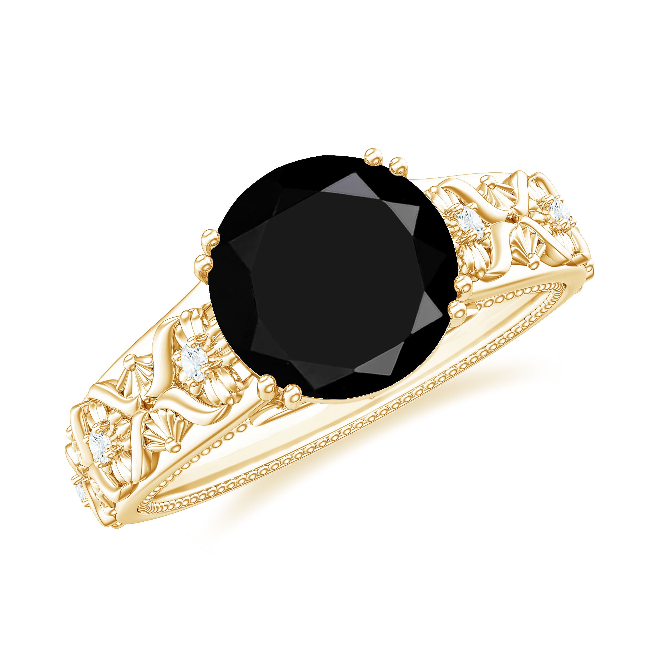 Vintage Inspired Created Black Diamond and Diamond Floral Solitaire Ring Lab Created Black Diamond - ( AAAA ) - Quality - Rosec Jewels