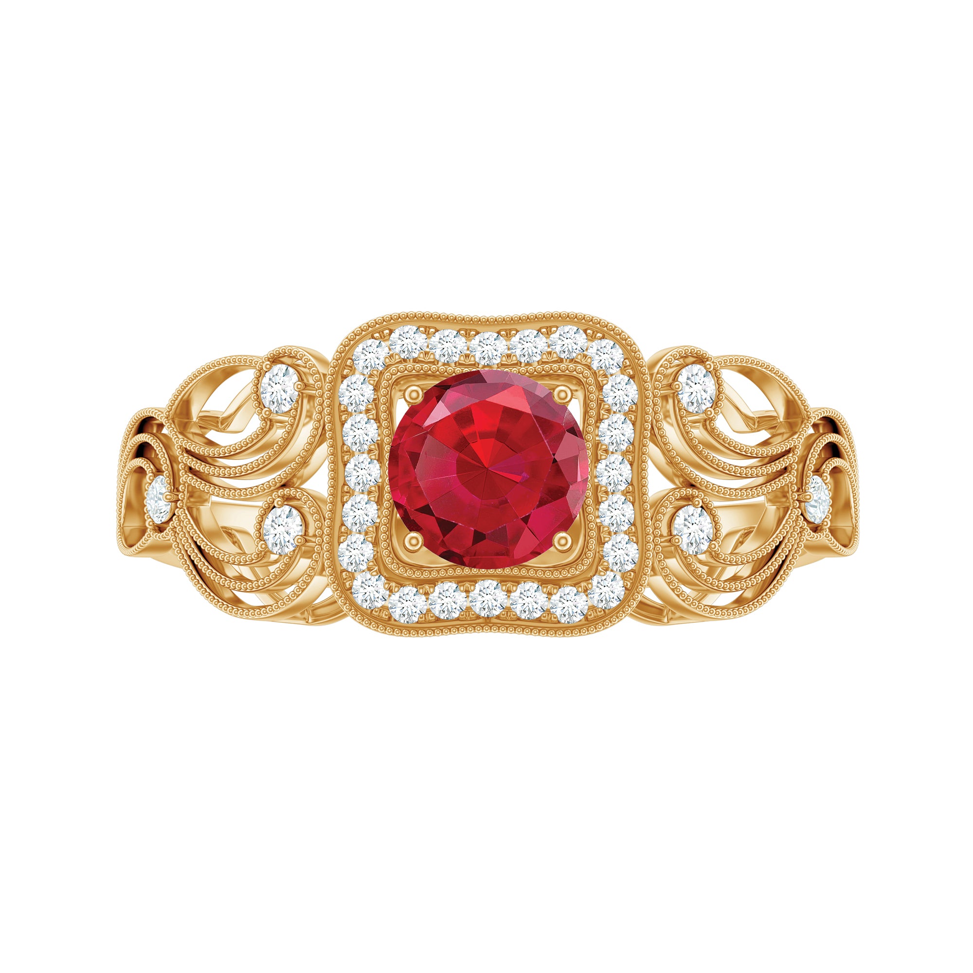 Lab-Created Ruby Vintage Style Engagement Ring with Diamond Lab Created Ruby - ( AAAA ) - Quality - Rosec Jewels