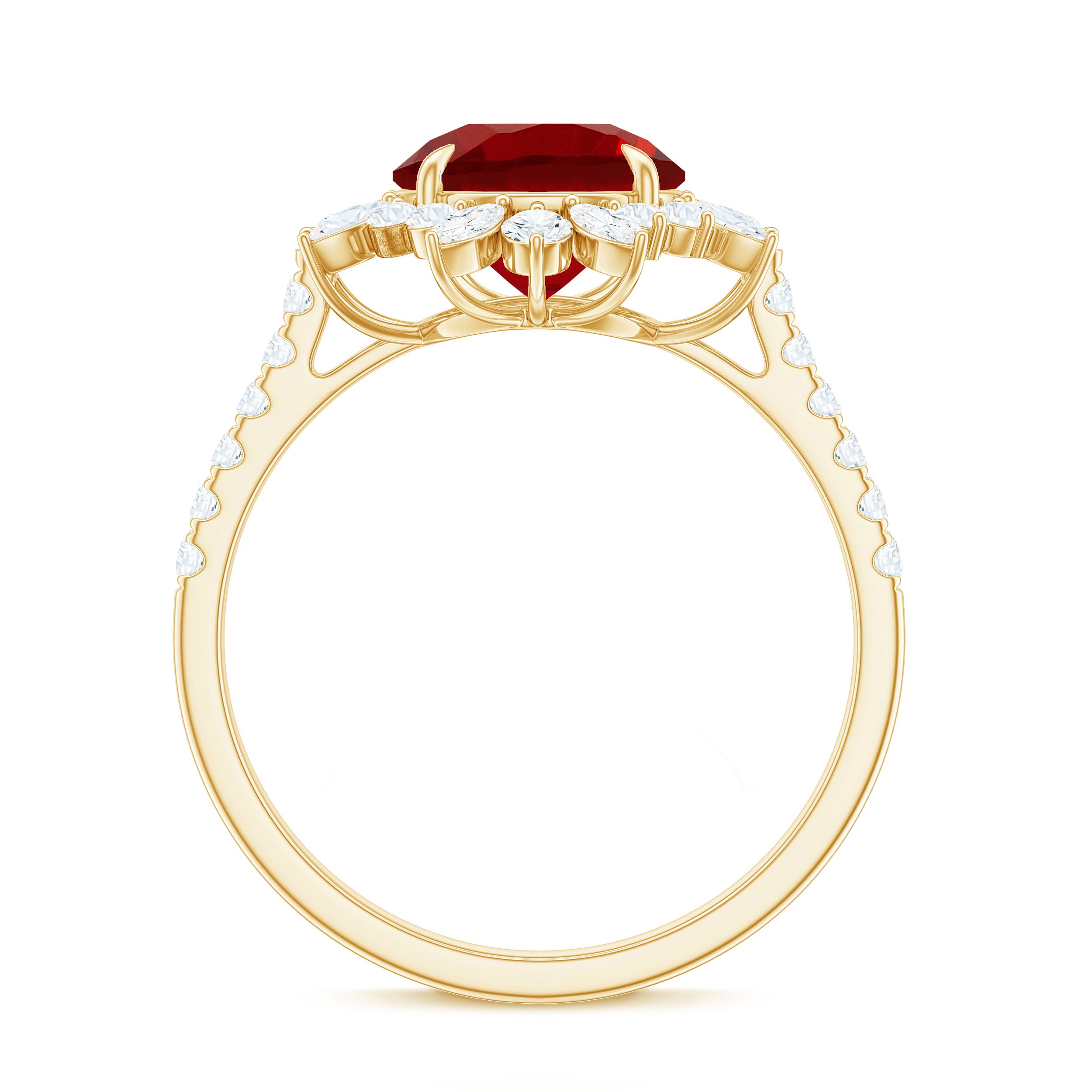 Round Created Ruby Statement Ring with Moissanite Floral Halo Lab Created Ruby - ( AAAA ) - Quality - Rosec Jewels