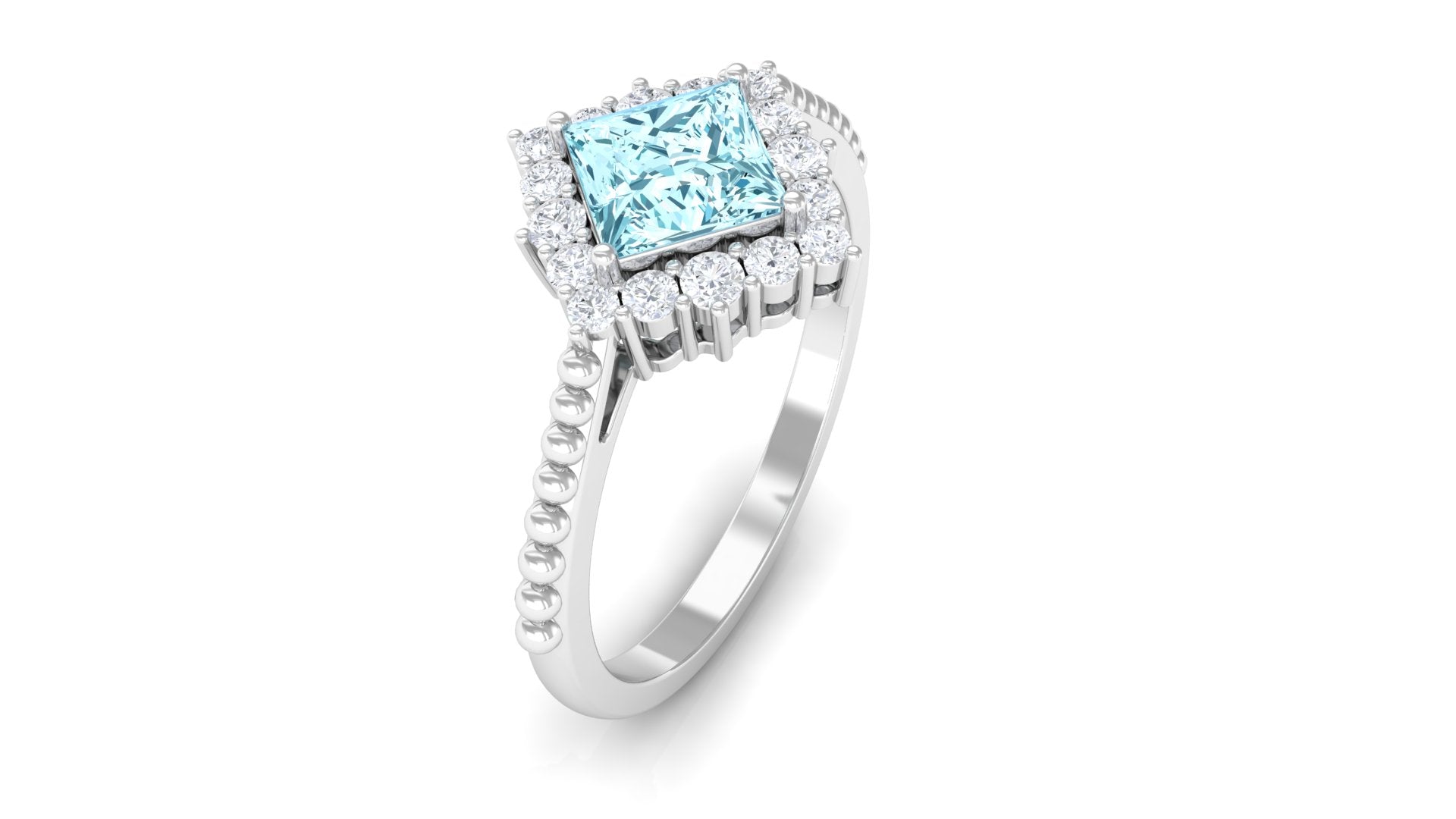 1 CT Princess Cut Aquamarine Engagement Ring with Diamond Halo Aquamarine - ( AAA ) - Quality - Rosec Jewels