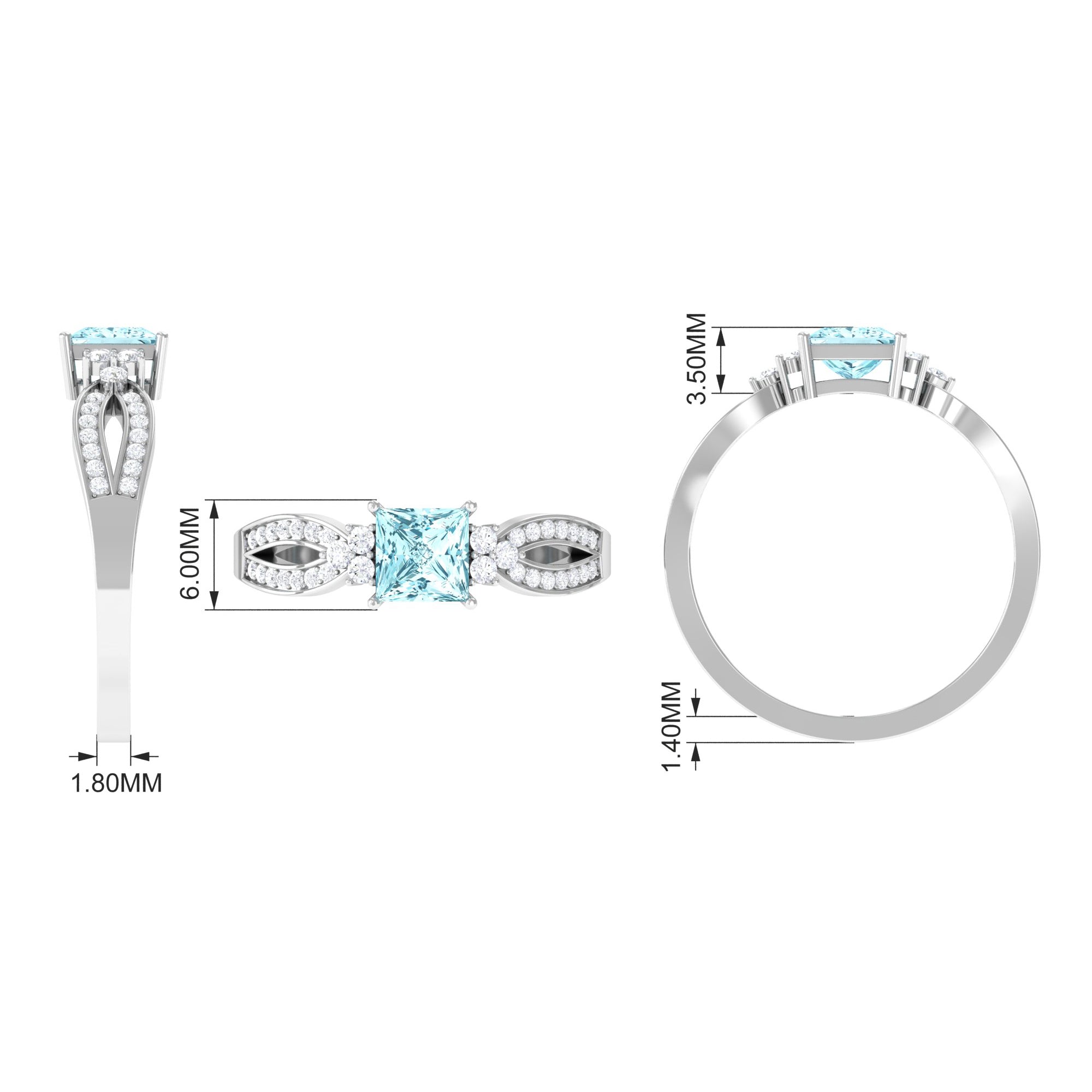 1 CT Split Shank Blue Aquamarine and Diamond Engagement Ring Aquamarine - ( AAA ) - Quality - Rosec Jewels