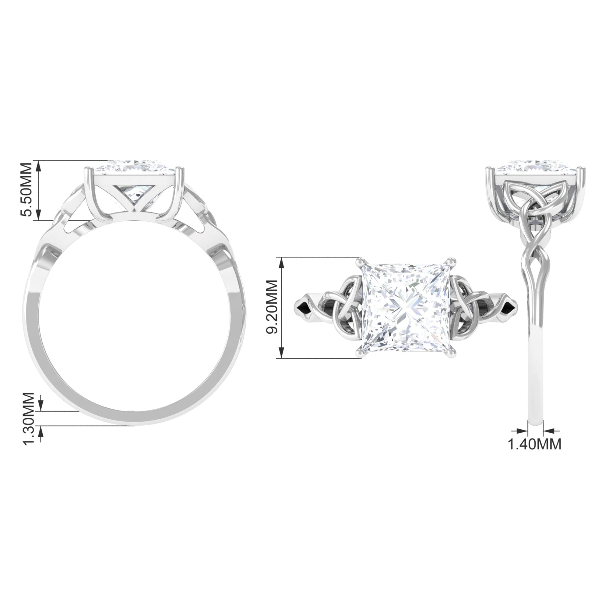 3.25 CT Princess Cut Moissanite Solitaire Celtic Engagement Ring Moissanite - ( D-VS1 ) - Color and Clarity - Rosec Jewels