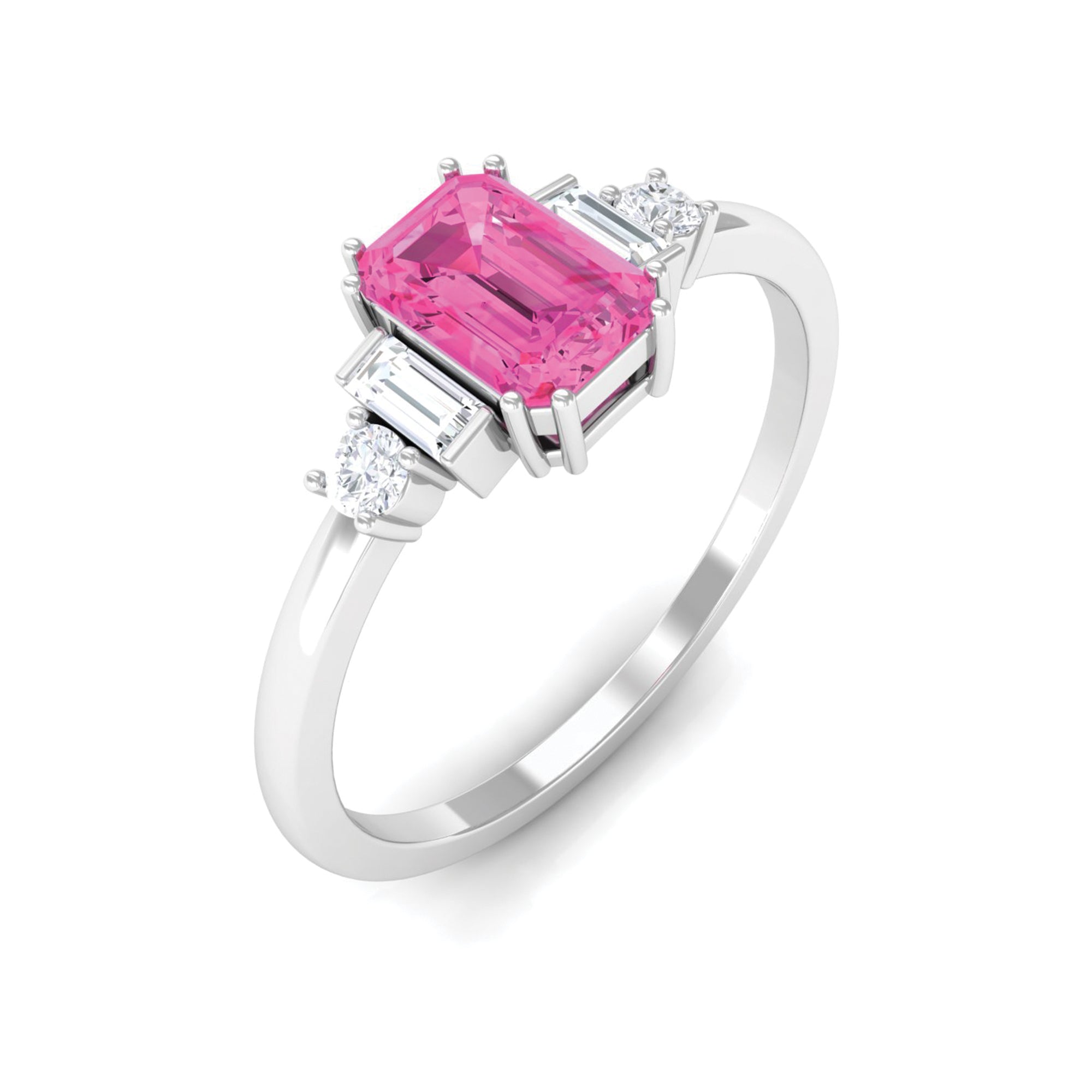 Octagon Pink Sapphire and Moissanite Engagement Ring Pink Sapphire - ( AAA ) - Quality - Rosec Jewels