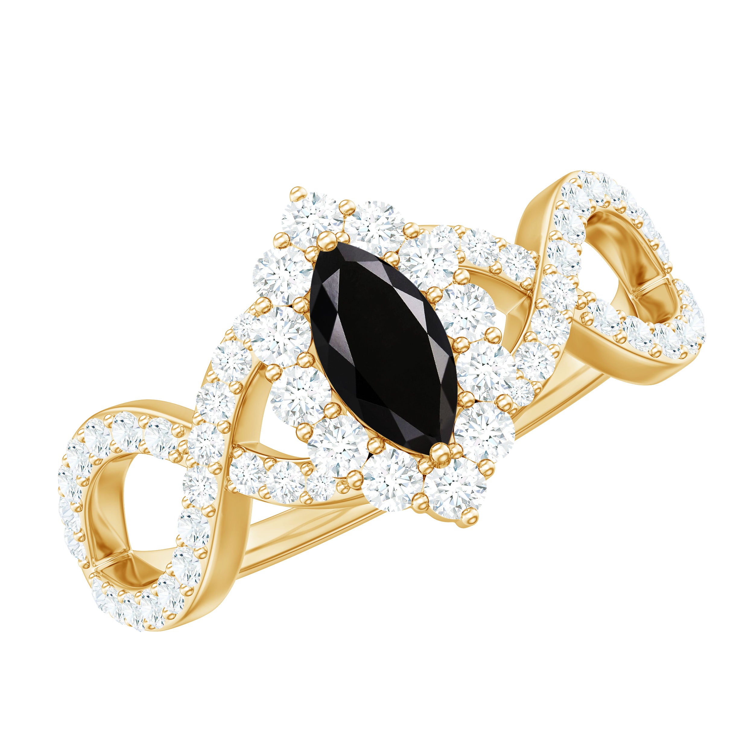 1.5 Ct Black Onyx Crossover Engagement Ring with Diamond Black Onyx - ( AAA ) - Quality - Rosec Jewels