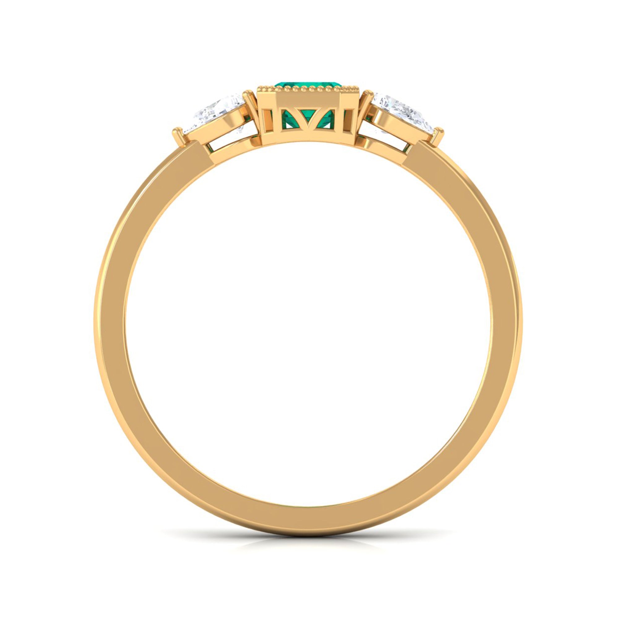 Octagon shape Emerald and Diamond Three Stone Ring in Bezel Setting Emerald - ( AAA ) - Quality - Rosec Jewels