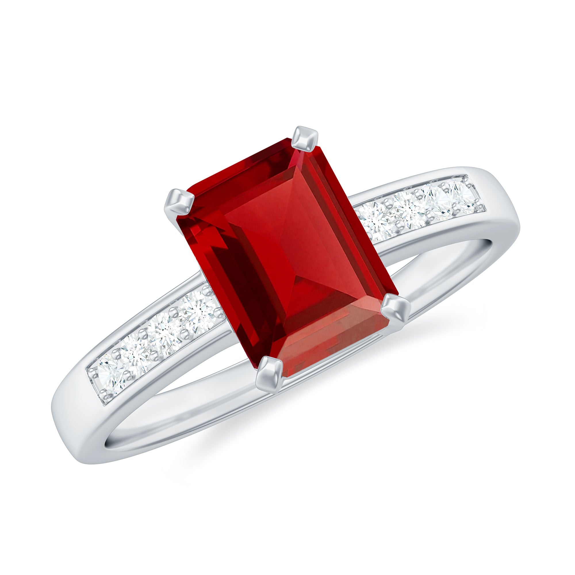 Emerald Cut Certified Created Ruby Solitaire Ring with Diamond Lab Created Ruby - ( AAAA ) - Quality - Rosec Jewels