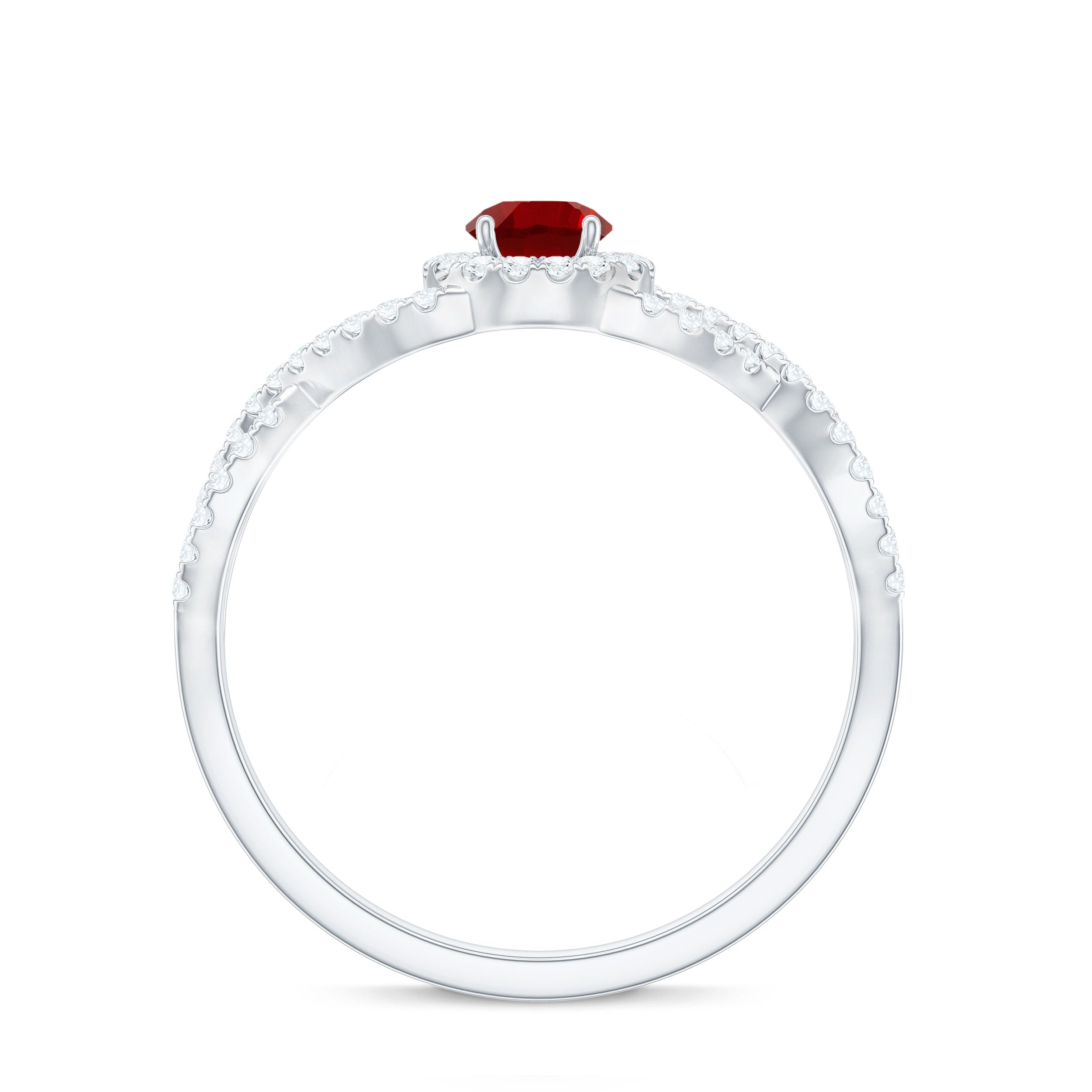 Criss Cross Shank Lab-Created Ruby and Diamond Halo Engagement Ring Lab Created Ruby - ( AAAA ) - Quality - Rosec Jewels