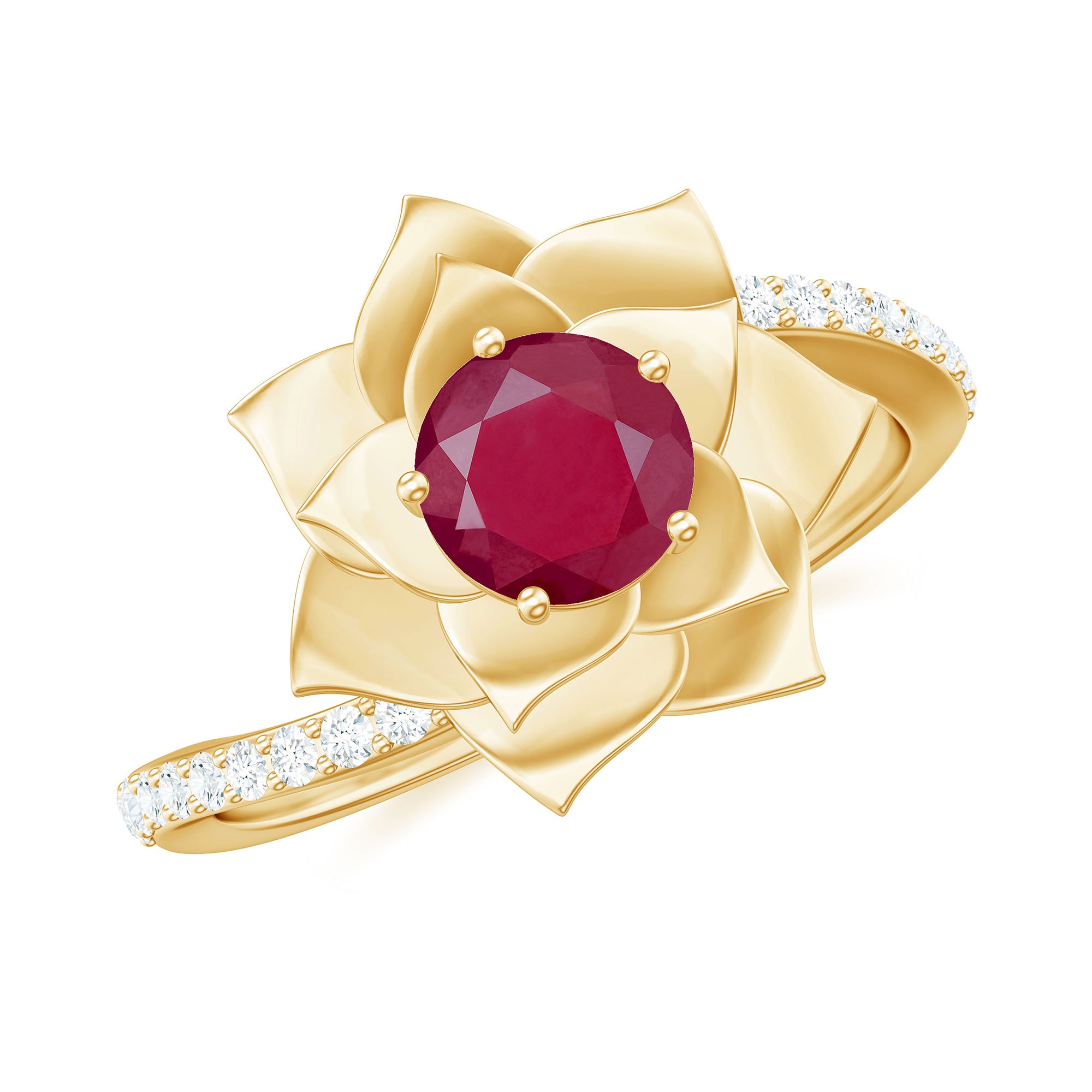 Real Ruby and Diamond Flower Ring with Bypass Shank Ruby - ( AAA ) - Quality - Rosec Jewels