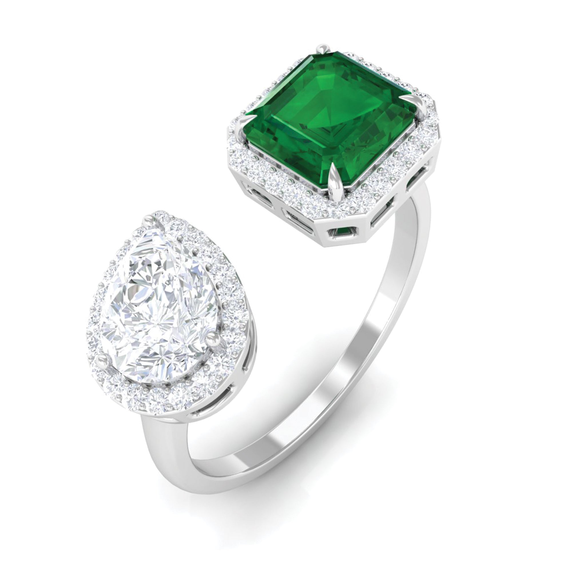 4 CT Created Emerald and Moissanite Two Stone Cuff Ring in Gold Lab Created Emerald - ( AAAA ) - Quality - Rosec Jewels