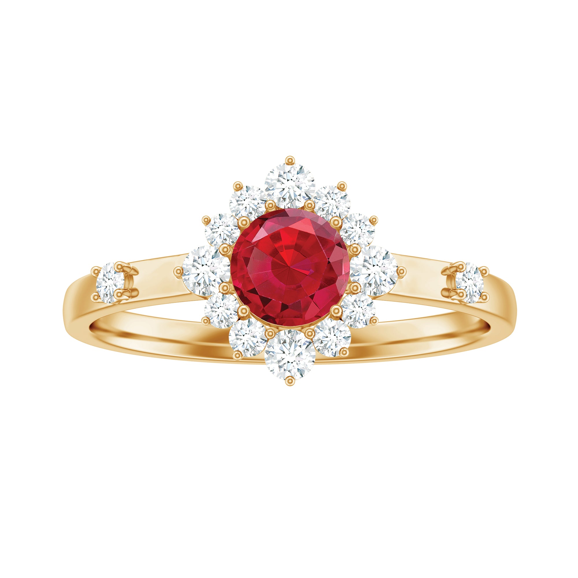 Round Created Ruby Classic Halo Engagement Ring with Diamond Lab Created Ruby - ( AAAA ) - Quality - Rosec Jewels