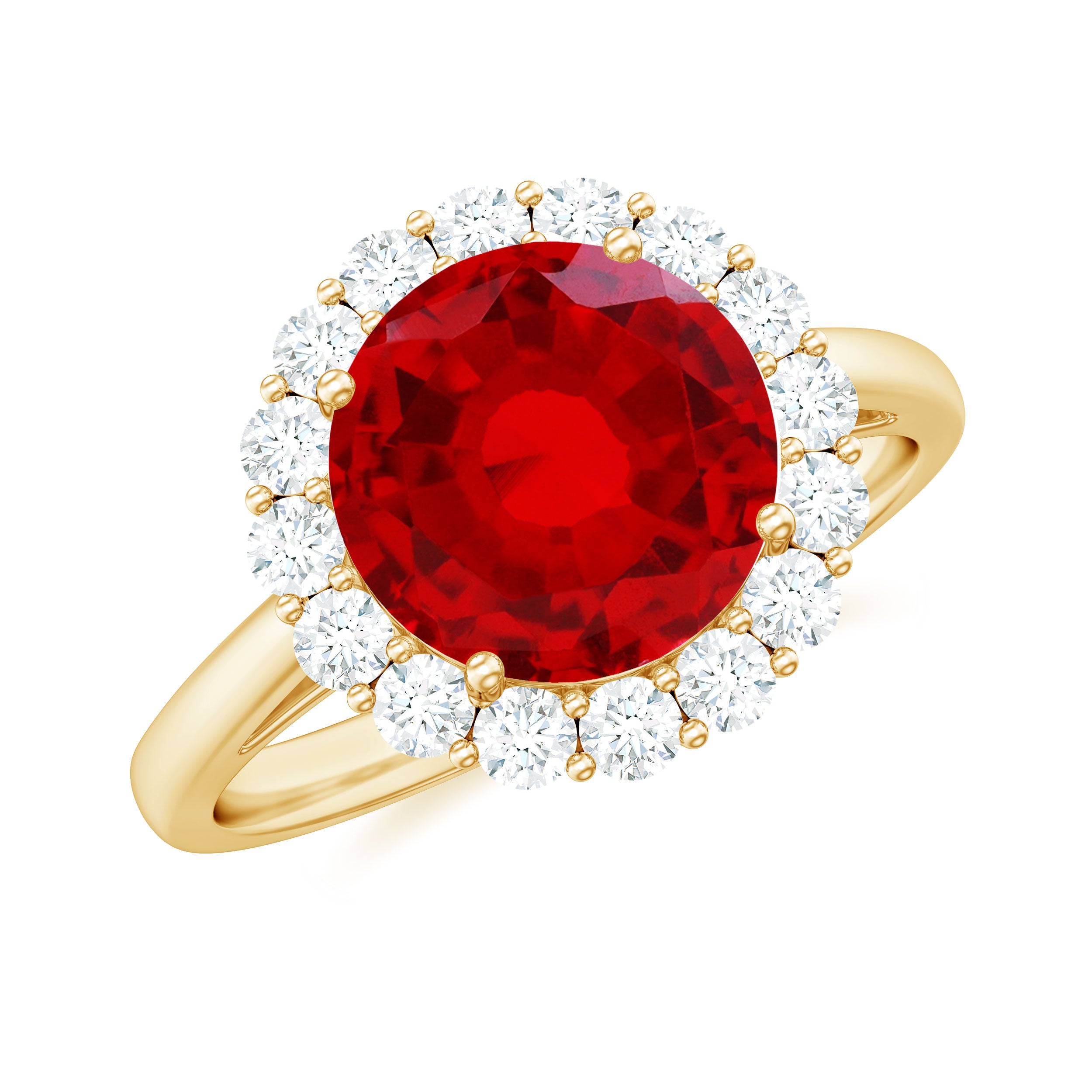 Round Shape Lab-Created Ruby Simple Halo Ring with Diamond Lab Created Ruby - ( AAAA ) - Quality - Rosec Jewels