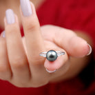 Round Tahitian Pearl Solitaire Ring with Pear Shape Moissanite Tahitian pearl - ( AAA ) - Quality - Rosec Jewels