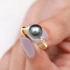 Round Tahitian Pearl Solitaire Ring with Pear Shape Moissanite Tahitian pearl - ( AAA ) - Quality - Rosec Jewels