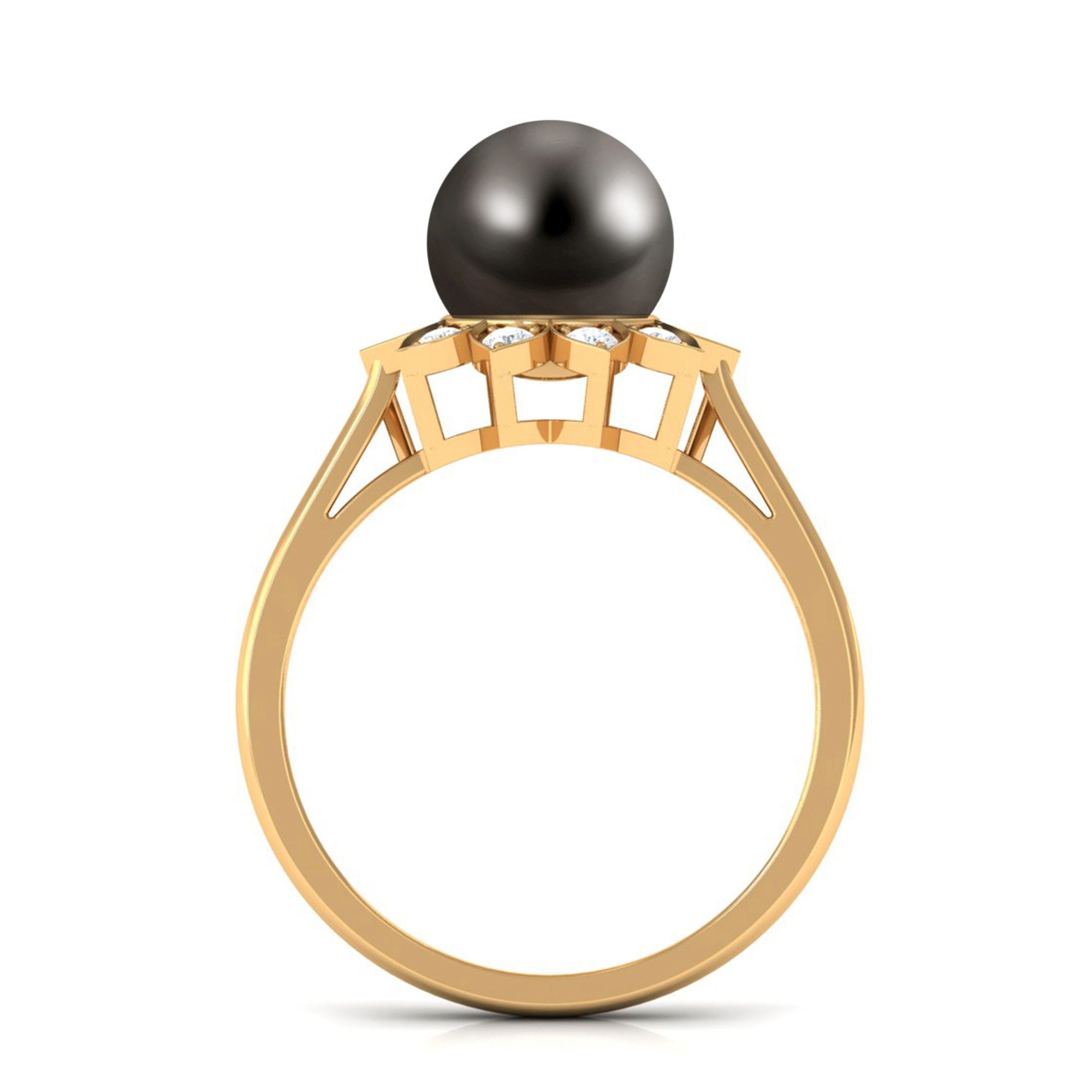 Tahitian Black Pearl Engagement Ring with Diamond Floral Halo Tahitian pearl - ( AAA ) - Quality - Rosec Jewels