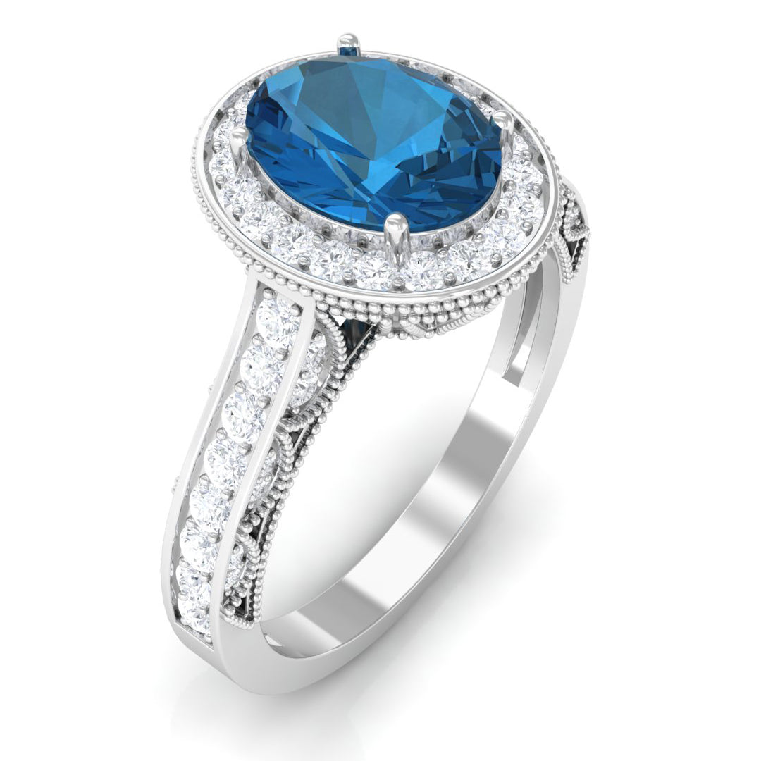 2 CT London Blue Topaz and Diamond Engagement Ring with Milgrain Details London Blue Topaz - ( AAA ) - Quality - Rosec Jewels