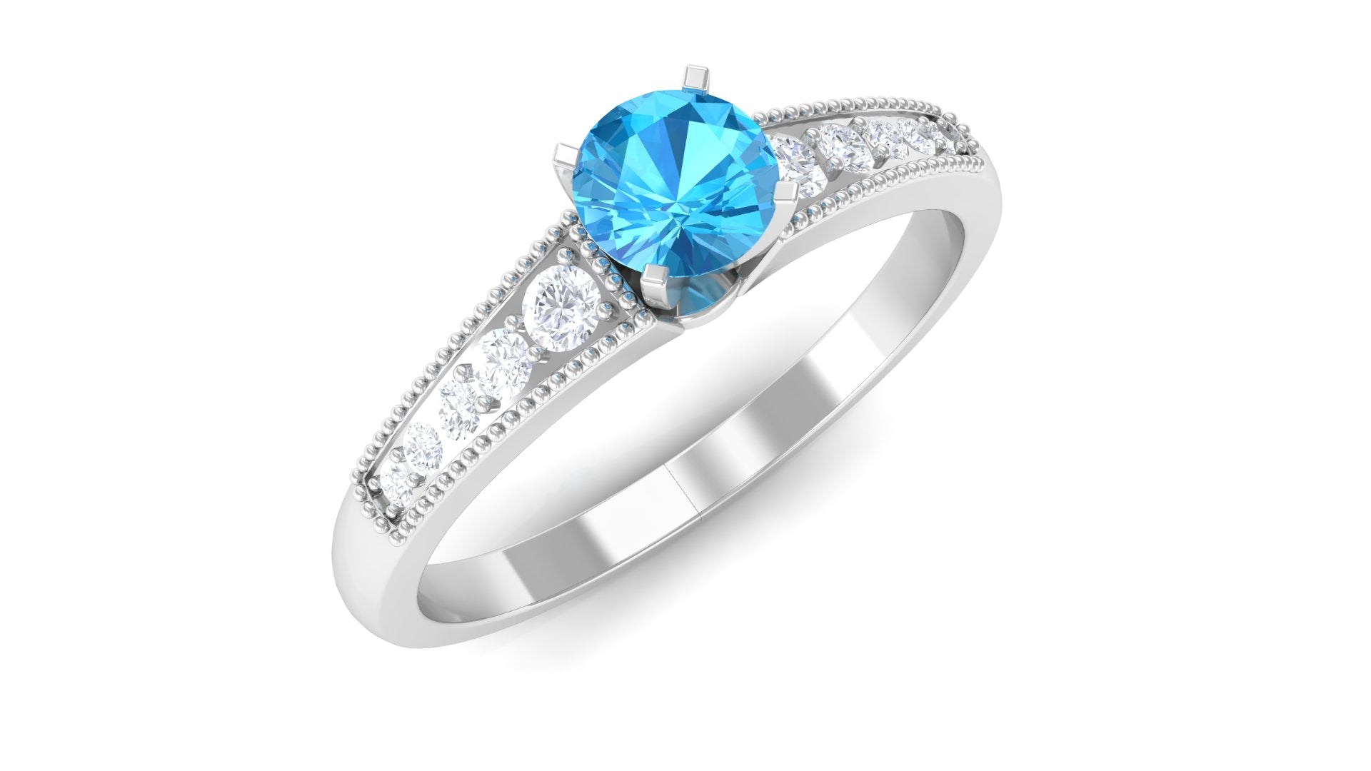 Swiss Blue Topaz Solitaire Ring with Diamond Side Stones Swiss Blue Topaz - ( AAA ) - Quality - Rosec Jewels