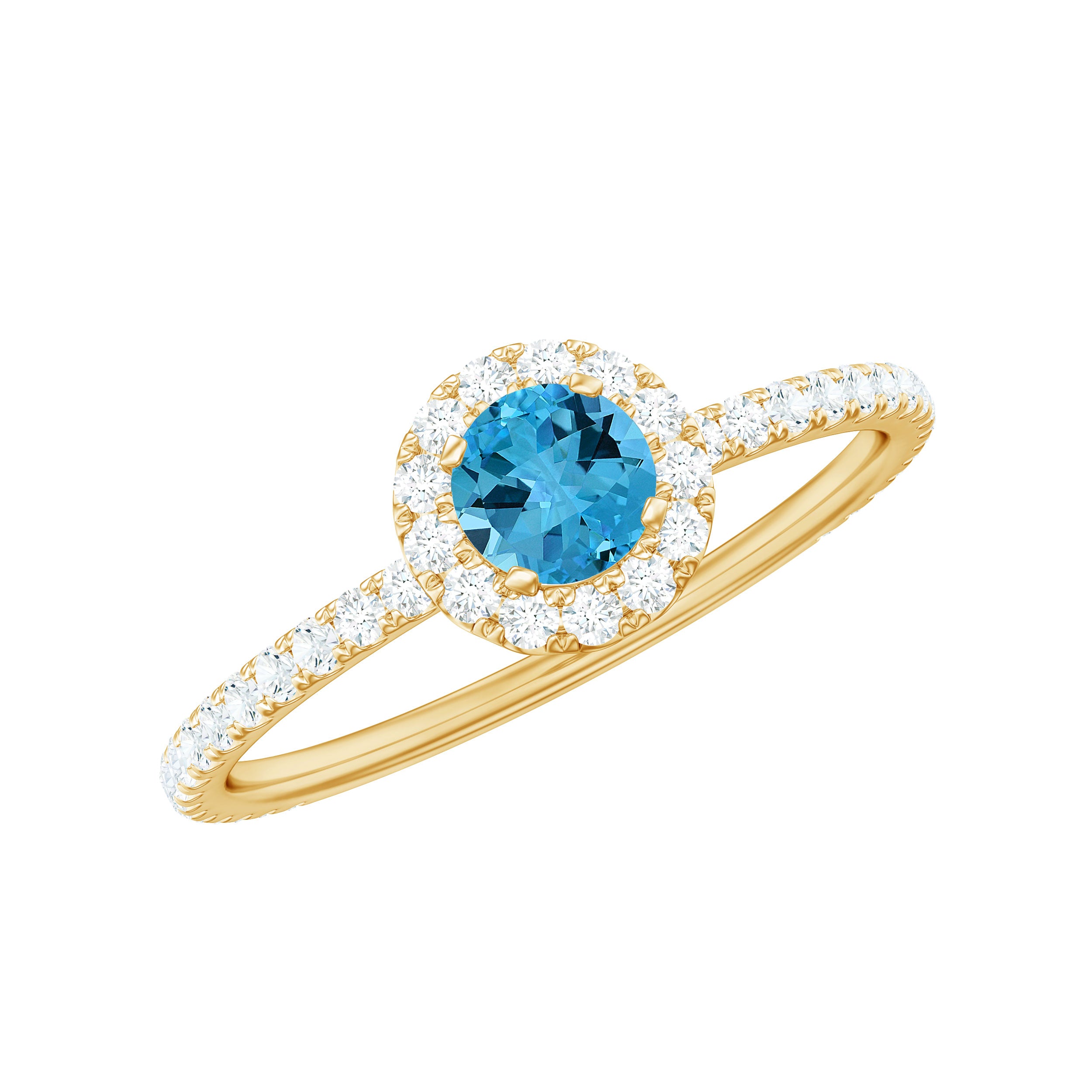 Natural Swiss Blue Topaz Halo Engagement Ring with Diamond Swiss Blue Topaz - ( AAA ) - Quality - Rosec Jewels