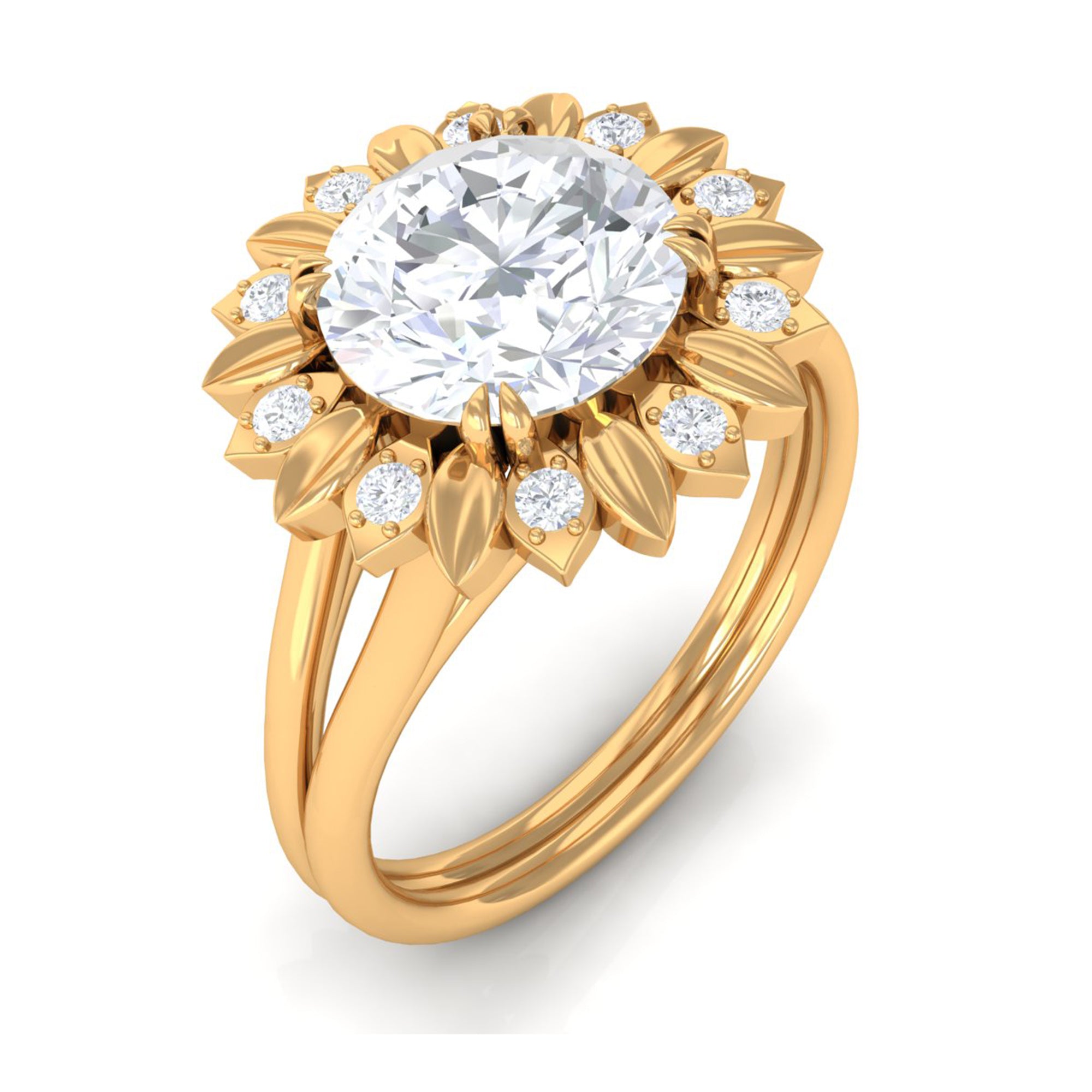 Round Cut Solitaire Zircon Gold Flower Engagement Ring in Split Shank Zircon - ( AAAA ) - Quality - Rosec Jewels