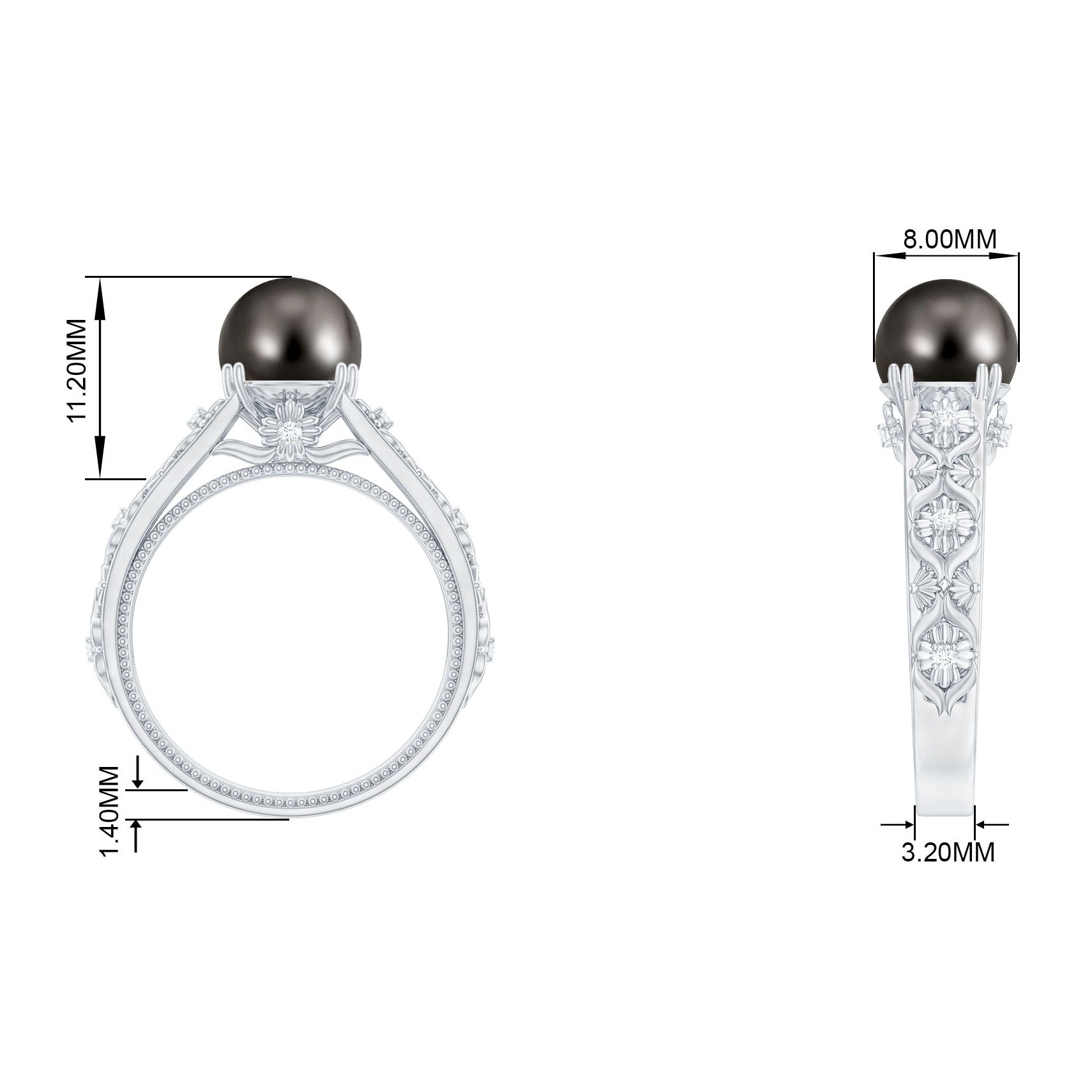 Natural Tahitian Pearl Solitaire with Diamond Filigree Ring Tahitian pearl - ( AAA ) - Quality - Rosec Jewels