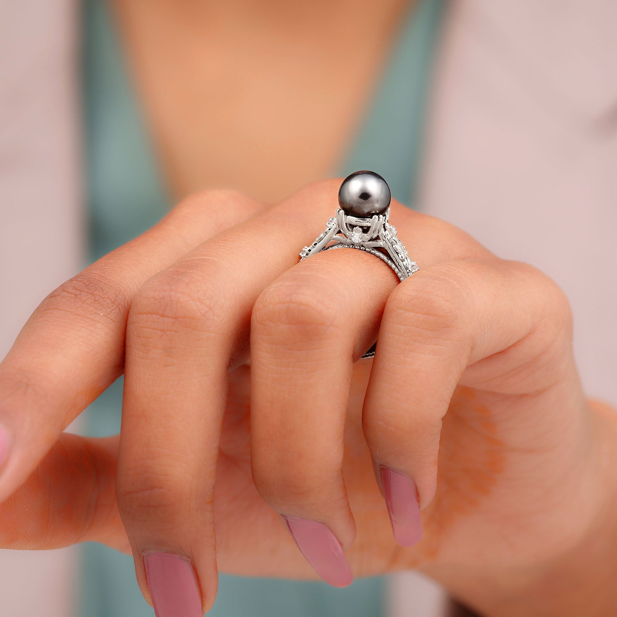 Natural Tahitian Pearl Solitaire with Diamond Filigree Ring Tahitian pearl - ( AAA ) - Quality - Rosec Jewels