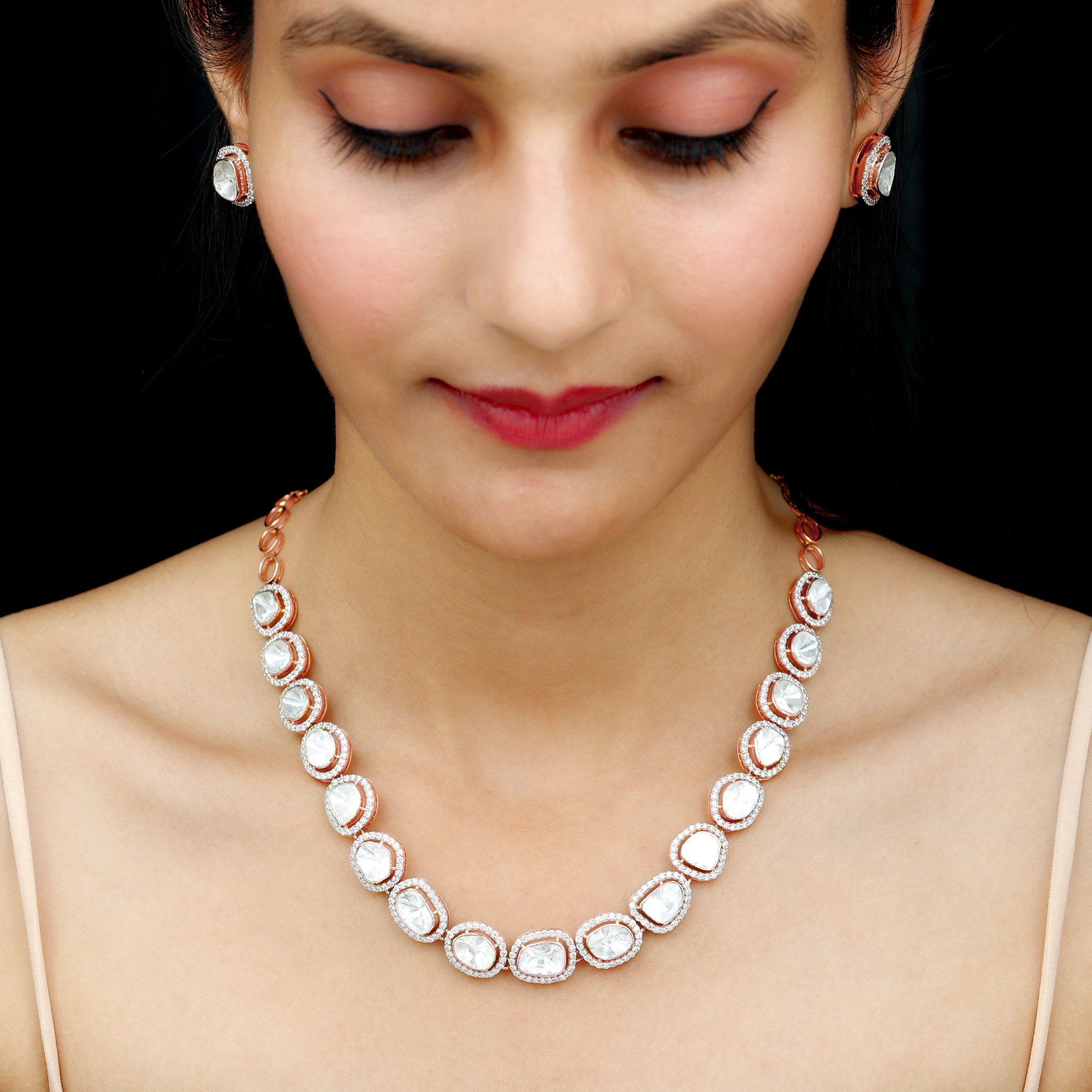 Uncut Polki Diamond Necklace and Earrings in 14k Gold - Rosec Jewels