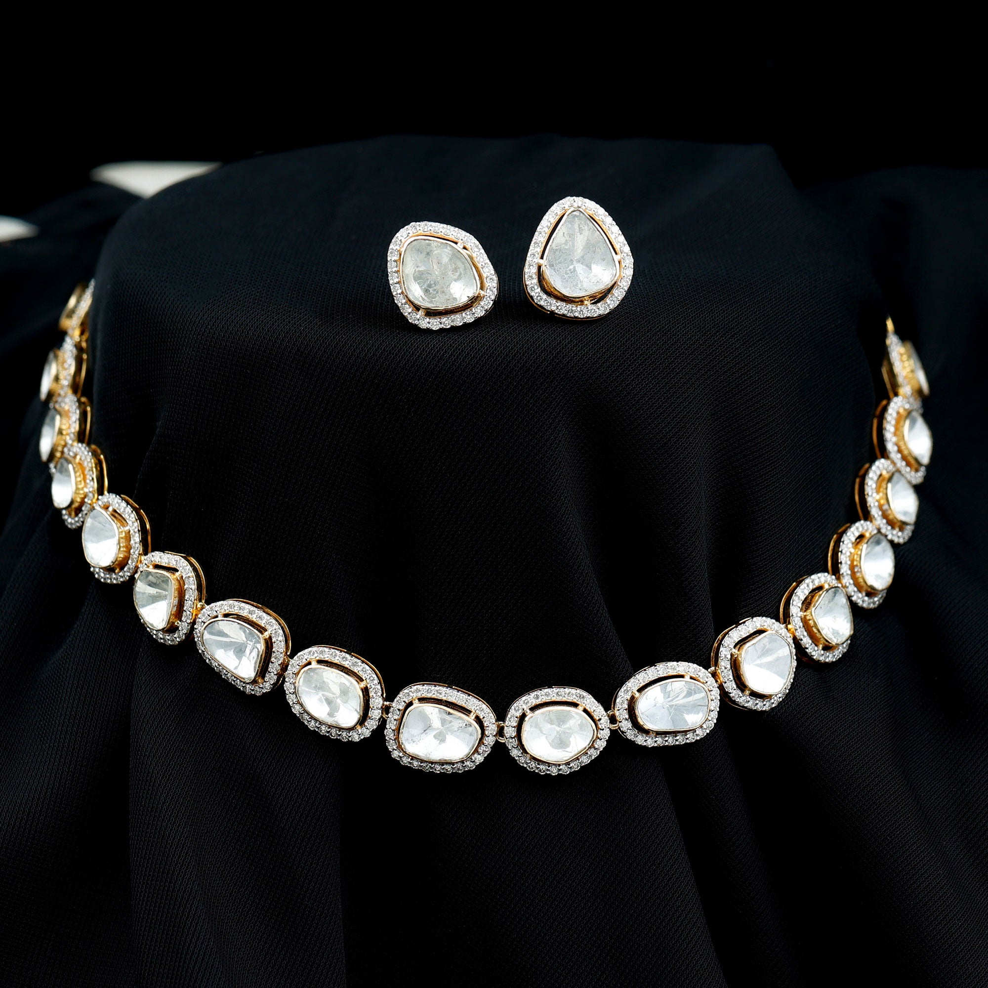 Uncut Polki Diamond Necklace and Earrings in 14k Gold - Rosec Jewels